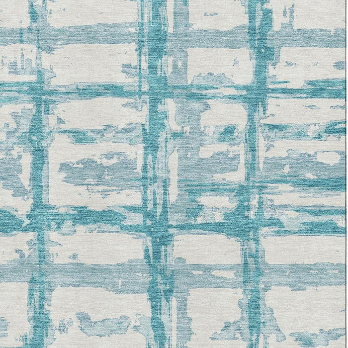 10' X 14' Striped Washable Area Rug Polyester With UV Protection - Teal And Ivory