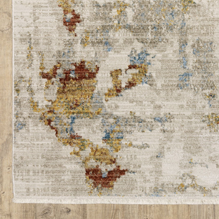 10' x 13' Abstract Power Loom Stain Resistant Area Rug With Fringe - Beige Gray Gold Blue Rust And Teal