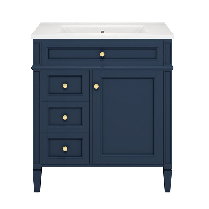Giga bathroom vanity with top sink, storage cabinet, two drawers, and tip-out drawer, featuring modern white finish.