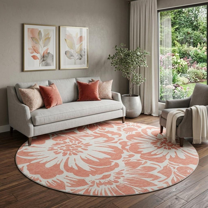 8' Floral Washable Round Rug With UV Protection (648697) - Salmon / Ivory