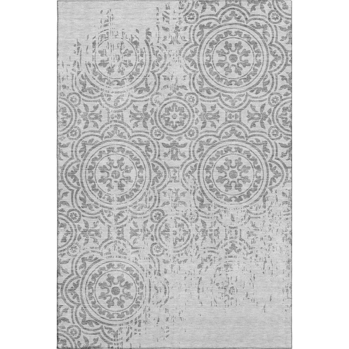 9' X 12' Medallion Washable Area Rug With UV Protection - Silver / Gray