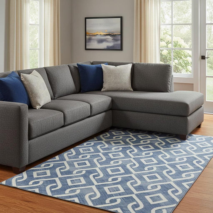 10' X 14' Geometric Washable Area Rug With UV Protection (652491) - Blue / Ivory