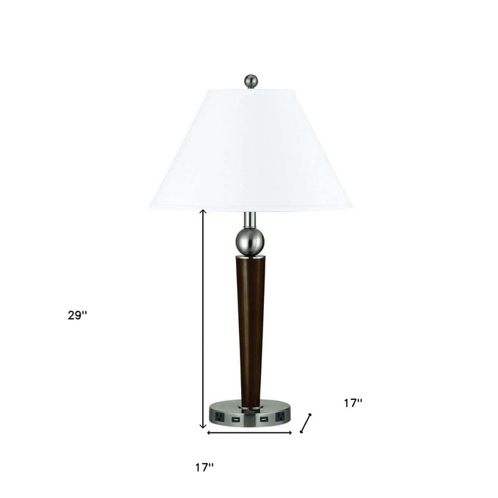 Metal Geometric USB Table Lamp With White Empire Shade - Nickel