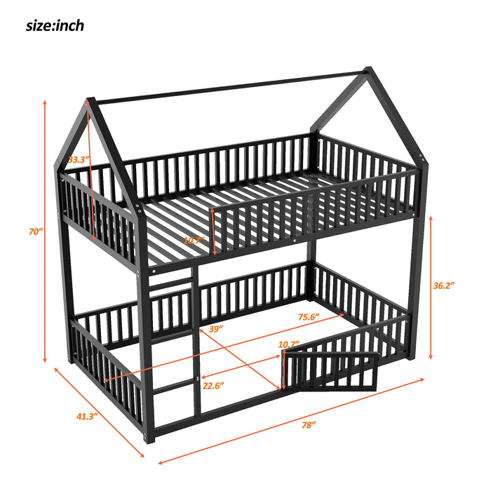 Giga metal house bunk bed with fence and door, featuring a sturdy frame, safety railings, and a fun house-shaped design for kids.