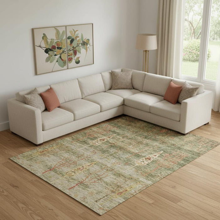 10' X 14' Floral Washable Area Rug With UV Protection (708187) - Artichoke Green / Rust