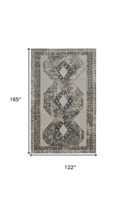 10' X 14' Abstract Power Loom Worn Faded Area Rug - Gray And Ivory