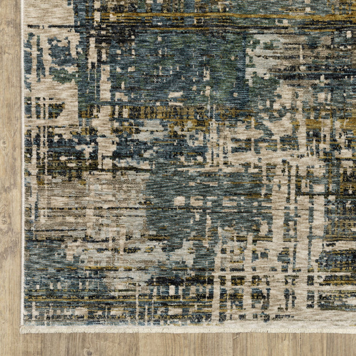 10' X 13' Abstract Distressed Area Rug With Fringe - Blue And Gold