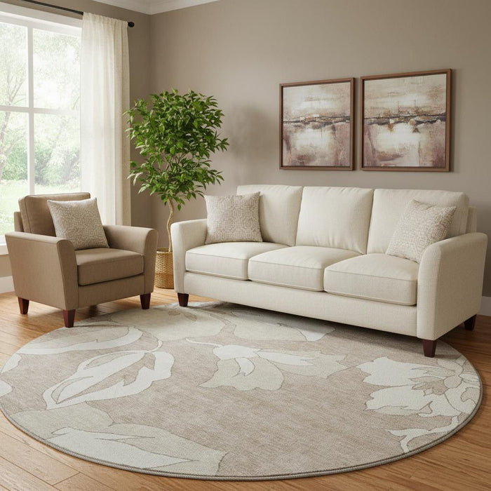 8' Floral Washable Round Rug With UV Protection (668014) - Taupe / Ivory