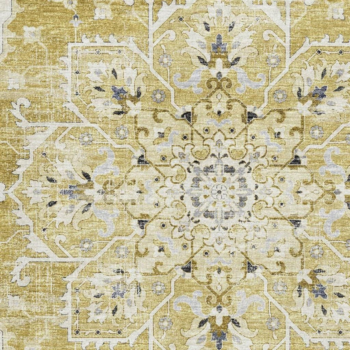10' X 14' Floral Medallion Distressed Washable Area Rug With UV Protection (644538) - Gold / Ivory / Blue