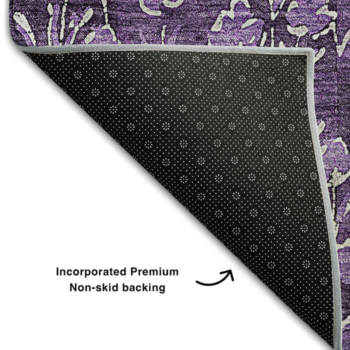 10' X 14' Floral Washable Area Rug With UV Protection (656466) - Purple / Ivory