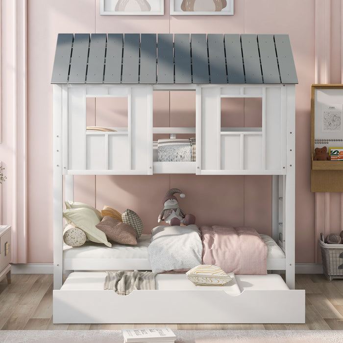 White and gray twin size Giga house bunk bed with roof, windows, and trundle, featuring a cozy design for kids' bedrooms.