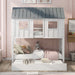 White and gray twin size Giga house bunk bed with roof, windows, and trundle, featuring a cozy design for kids' bedrooms.