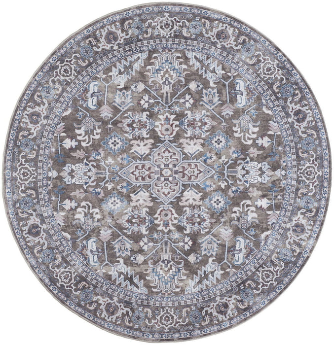 8' Floral Power Loom Worn Faded Round Rug (573549) - Green