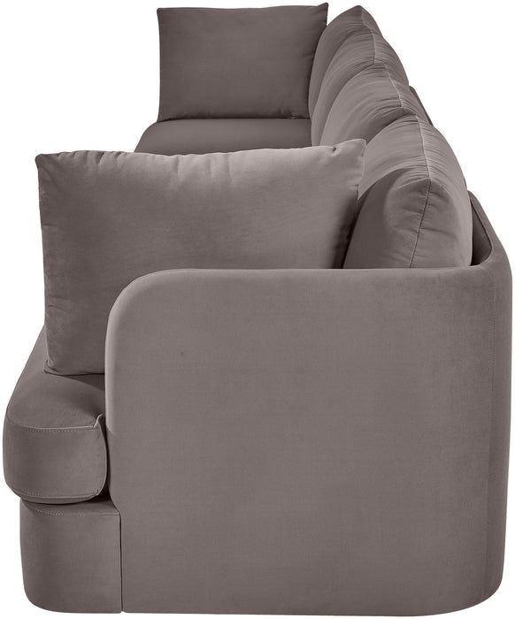 Velvet performance fabric upholstered 4-piece sofa by Meridian Furniture, stationary sectional with plush cushions and modern design.