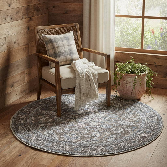 4' Floral Power Loom Worn Faded Round Rug (573482) - Green