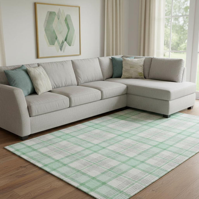 10' X 14' Plaid Washable Area Rug With UV Protection (682511) - Aqua / Ivory / Green