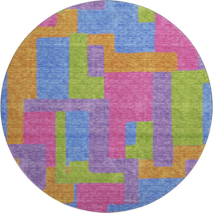 8' Abstract Geometric Washable Round Rug With UV Protection - Purple