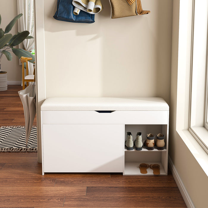 White Giga modern entryway storage bench with adjustable flip-up drawers and hidden cabinet, featuring a sleek design.