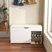 White Giga modern entryway storage bench with adjustable flip-up drawers and hidden cabinet, featuring a sleek design.