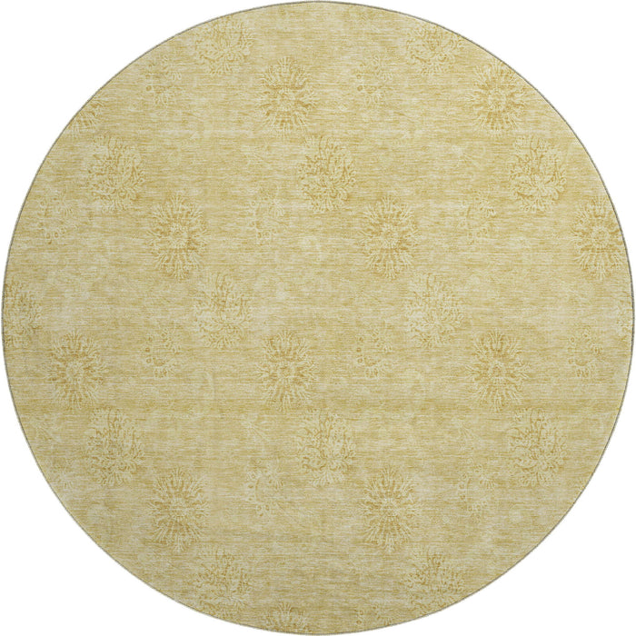 8' Floral Washable Round Rug With UV Protection - Gold And Ivory