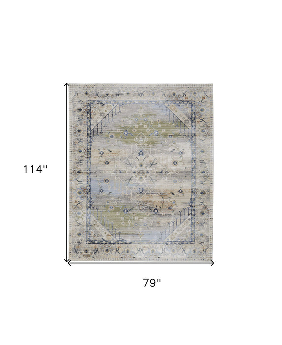 7' x 10' Abstract Power Loom Worn Faded Area Rug - Ivory Green And Blue