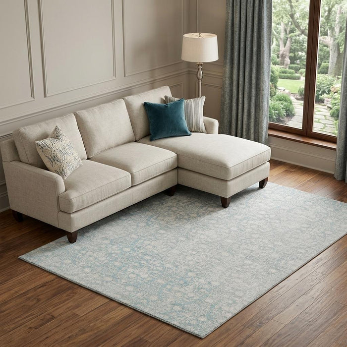 10' X 14' Damask Washable Area Rug With UV Protection (692070) - Aqua / Ivory