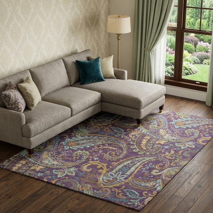 9' X 12' Paisley Washable Area Rug With UV Protection (647997) - Purple / Green / Blue