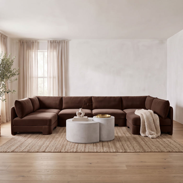 Meridian Furniture Hammond velvet performance fabric U-shaped sectional with armless chairs in a stationary living room setup.