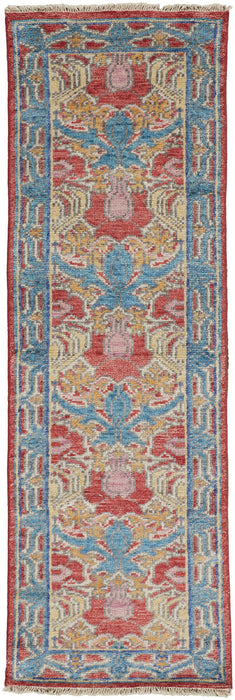 8' Wool Oriental Hand Knotted Runner Rug - Blue Red And Yellow