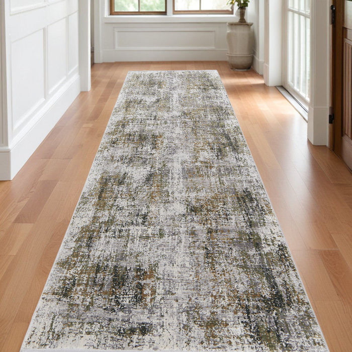 10' Abstract Power Loom Runner Rug With Fringe - Gray And Ivory
