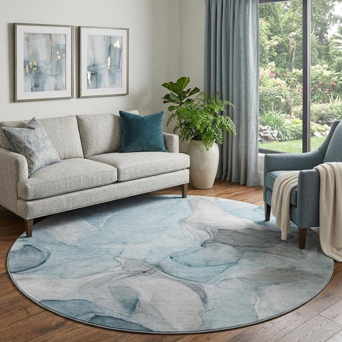 8' Abstract Washable Round Rug With UV Protection (646743) - Teal / Gray