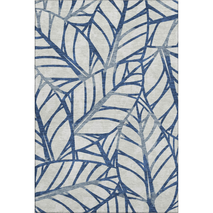 9' X 12' Floral Washable Area Rug With UV Protection - Navy Blue And Beige