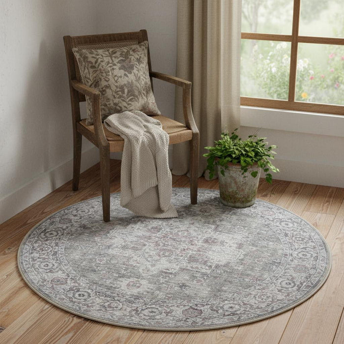 4' Floral Power Loom Worn Faded Round Rug (573481) - Gray