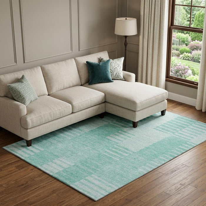 10' X 14' Striped Washable Area Rug With UV Protection (656238) - Teal / Ivory