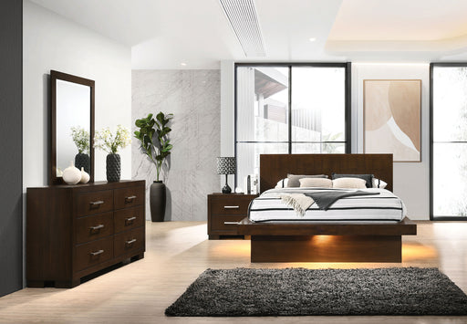 Jessica 4-piece Eastern King LED bedroom furniture set by CoasterEssence in cappuccino, includes bed, nightstands, and dresser.