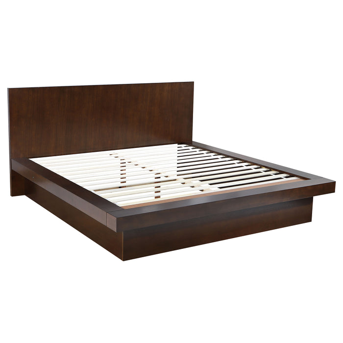 Jessica 4-piece Eastern King LED bedroom set by CoasterEssence featuring cappuccino-finished furniture and integrated LED lighting.
