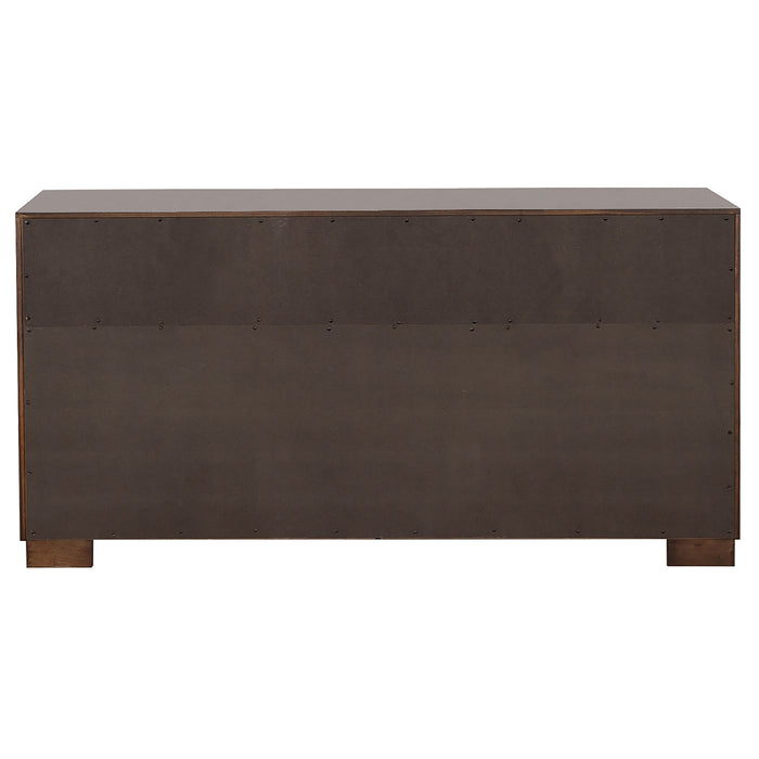 Jessica 4-piece Eastern King LED bedroom furniture set in cappuccino by CoasterEssence, featuring a bed with LED lighting and matching accents.