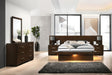 Jessica 5-piece Eastern King LED bedroom furniture set in cappuccino finish, includes bed frame, nightstands, dresser, and mirror.
