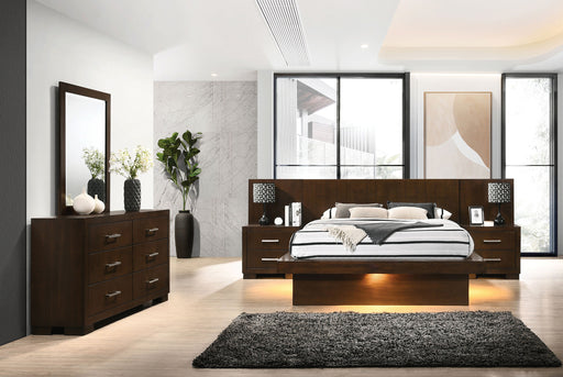 Jessica 5-piece Eastern King LED bedroom furniture set in cappuccino finish, includes bed frame, nightstands, dresser, and mirror.