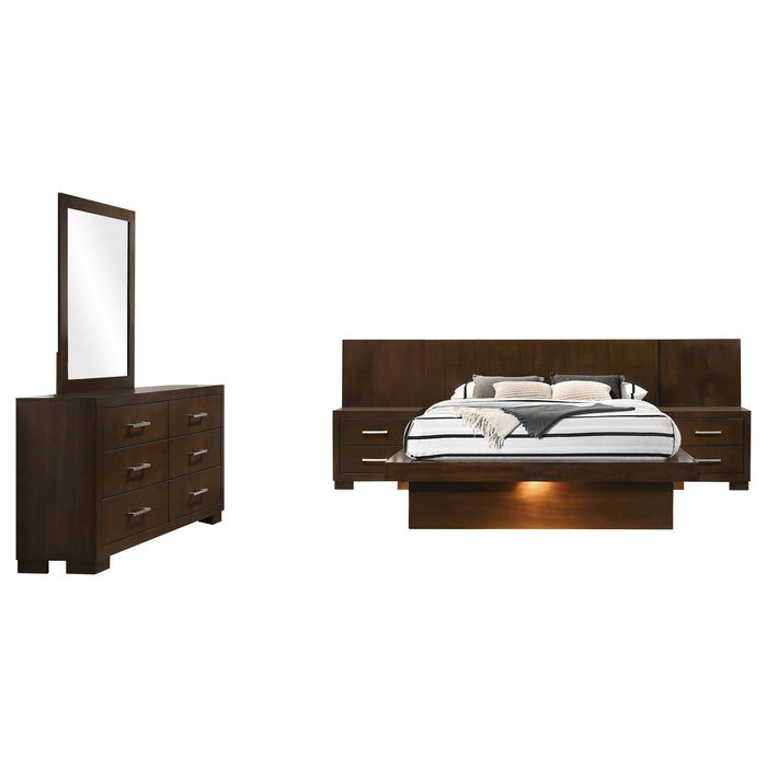 Jessica 5-piece Eastern King LED bedroom set in cappuccino by CoasterEssence, includes bed frame, nightstands, and storage drawers.