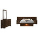 Jessica 5-piece Eastern King LED bedroom set in cappuccino by CoasterEssence, includes bed frame, nightstands, and storage drawers.