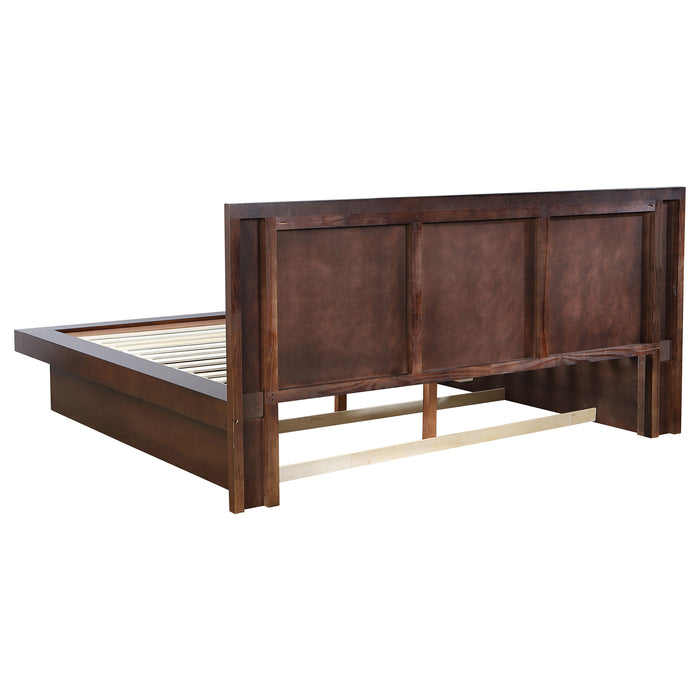 Jessica 5-piece Eastern King LED bedroom set by CoasterEssence in cappuccino finish, includes bed frame, nightstands, and dresser.
