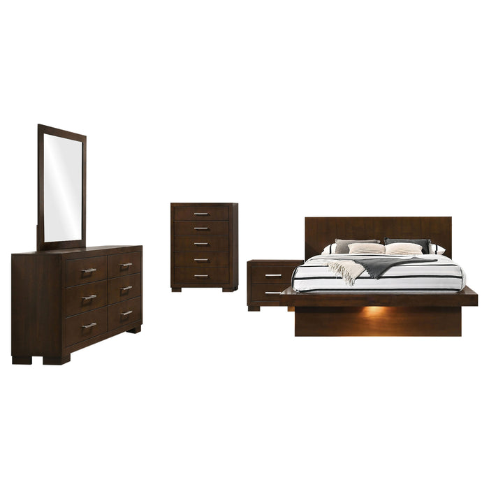 Jessica 5-piece Eastern King LED bedroom furniture set in cappuccino finish, includes bed frame and matching storage pieces by CoasterEssence.