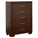 Jessica 5-piece Eastern King LED bedroom set by CoasterEssence, featuring cappuccino-finished furniture with LED-lit headboard and storage drawers.