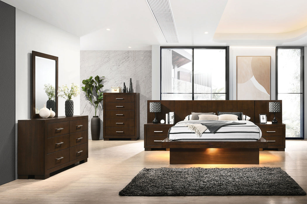 Jessica 6-piece Eastern King LED bedroom furniture set by CoasterEssence in cappuccino finish, includes bed, nightstands, and dresser.