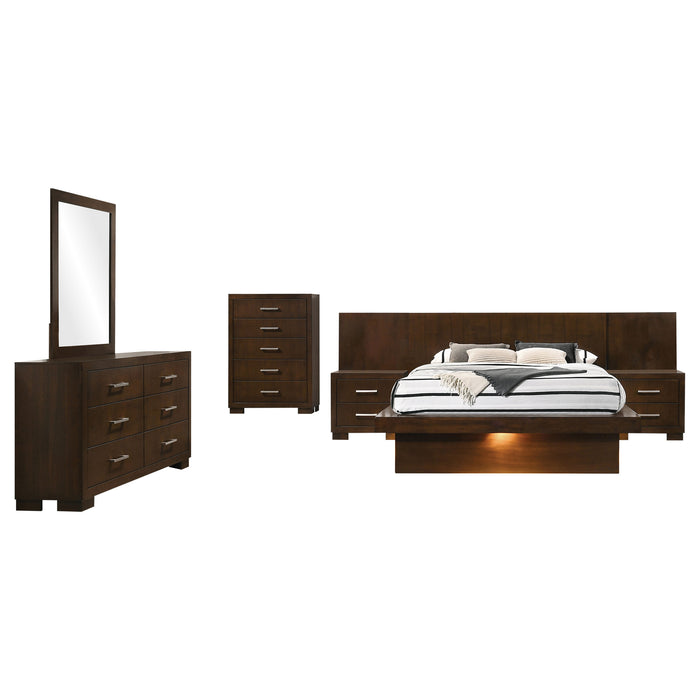 Jessica 6-piece Eastern King LED bedroom furniture set in cappuccino finish, includes bed, nightstands, dresser, and mirror from CoasterEssence