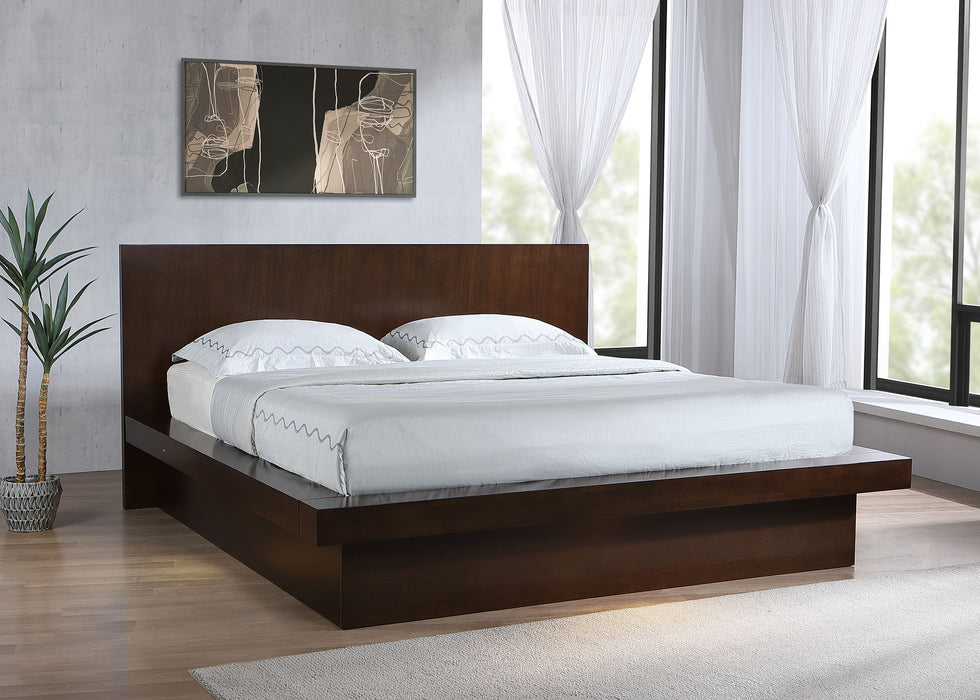 Jessica Wood Eastern King LED Panel Bed in cappuccino finish, showcasing the modern furniture design with LED lighting accents.