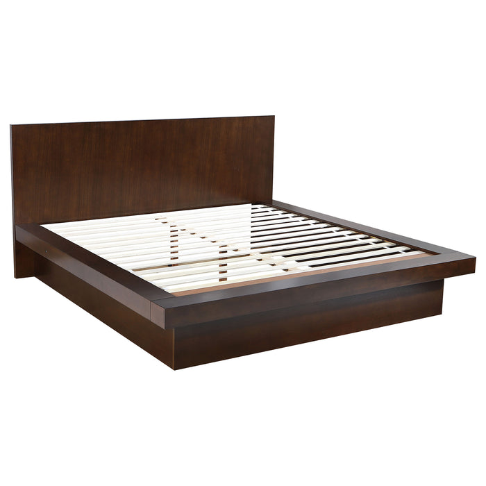 Jessica Wood Eastern King LED Panel Bed in Cappuccino by CoasterEssence, showcasing the wooden bed frame with built-in LED panels.
