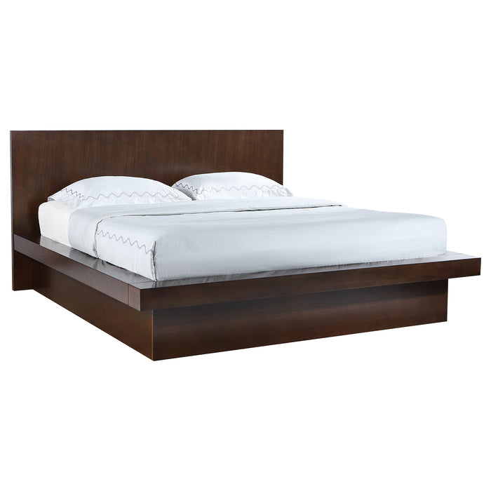Jessica Wood Eastern King LED Panel Bed in Cappuccino from CoasterEssence, showcasing the stylish wooden frame and LED lighting details.