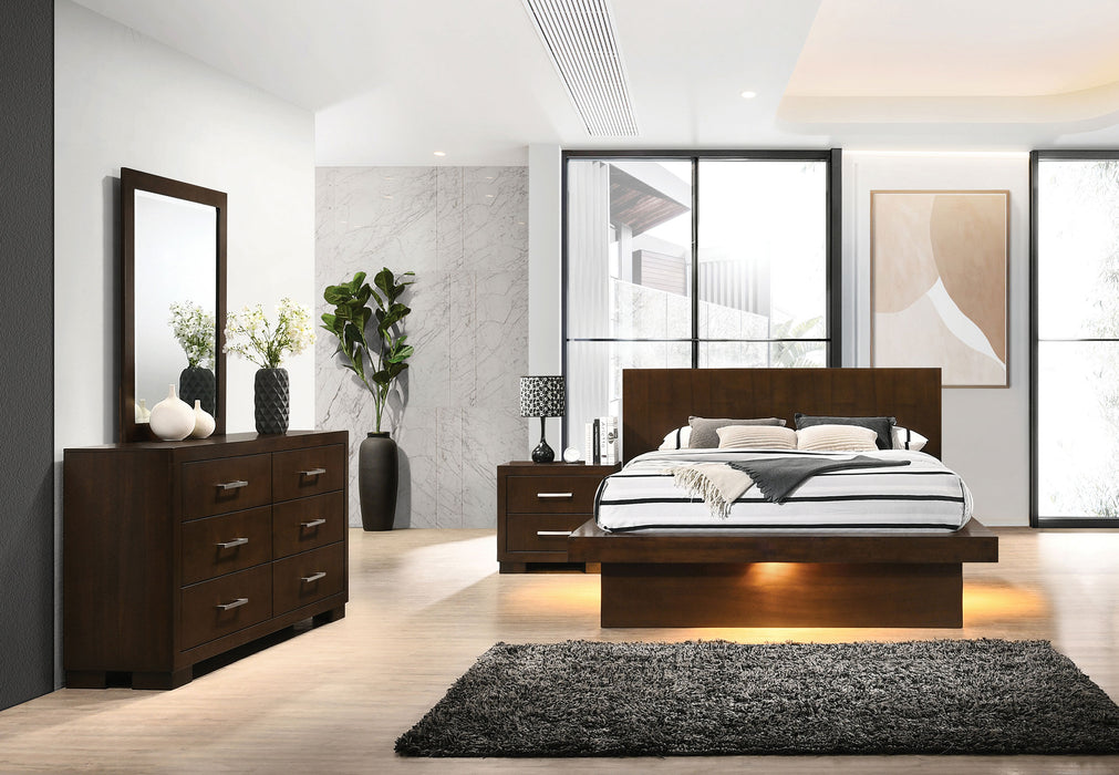 Jessica 4-piece queen bedroom set by CoasterEssence featuring cappuccino finish, includes bed, nightstands, and dresser in stylish furniture.
